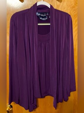 Susan Graver grape purple liquid knit cascade front cardigan and tank set XL